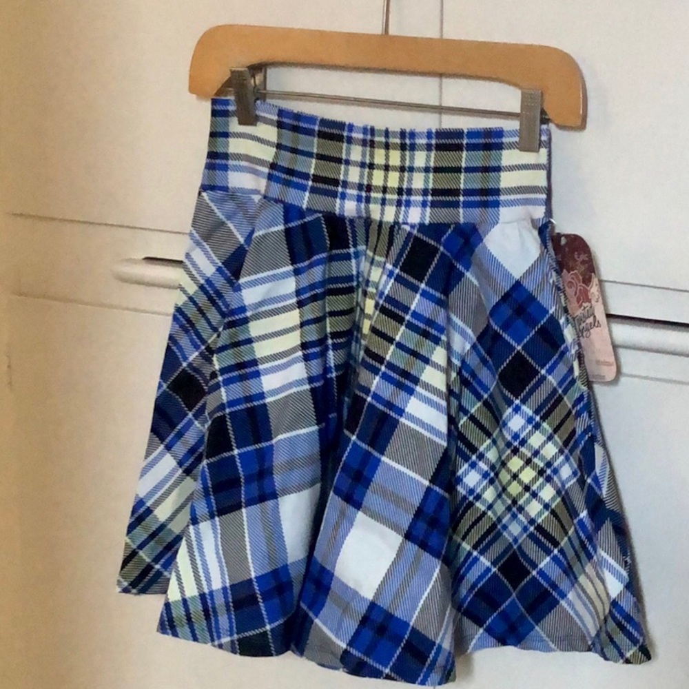 Spandex plaid circle skirt! Blue, Black, Yellow & Ivory Plaid! Medium! New!